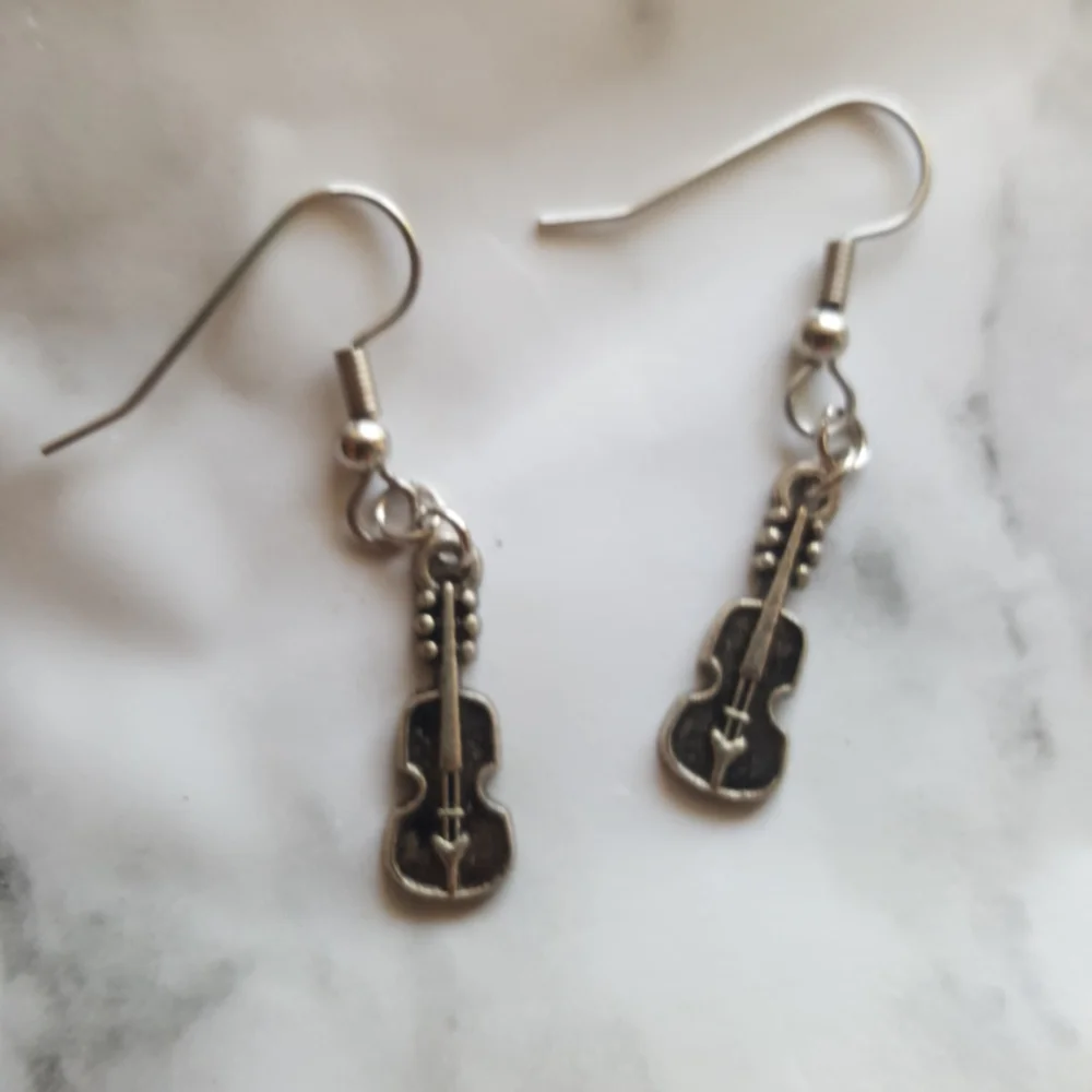 Violin Fiddle Earrings Surgical Steel Silver Tone - Picture 3 of 8